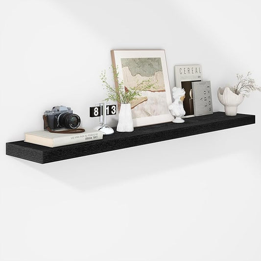 Fun Memories 55 Inch Floating Shelves - 9 Inch Deep Rustic Wooden Wall Shelves - Extra Deeper & Thicker Wall Mounted Storage Shelf for Living Room Kitchen Farmhouse - Rustic Black