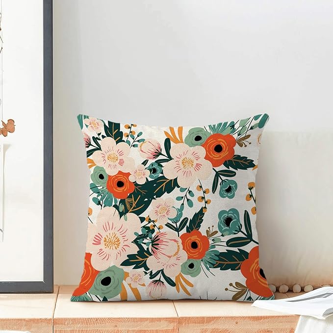 CXMEIFLY Spring Pillow Covers 16 x 16 Inch Set of 2 for Watercolor Flowers Decor Throw Pillows Pink Red Green Plant Floral Outdoor Decorative Cushion Cases for Couch Bed Decorations