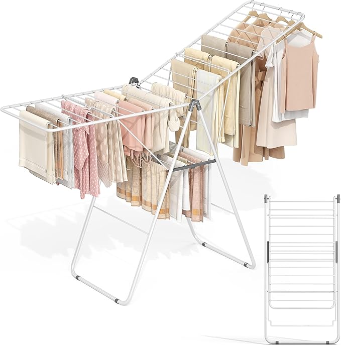 APEXCHASER Clothes Drying Rack, Oversized Drying Rack Clothing with Height-Adjustable, Foldable Gullwings Metal Laundry Rack, Indoor Outdoor Use, No Assembly, White