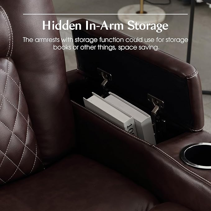 CANMOV Electric Power Recliner Chair with USB Ports and Cup Holders, Breathable Leather Home Theater Seating with Hidden Arm Storage (Red Brown)