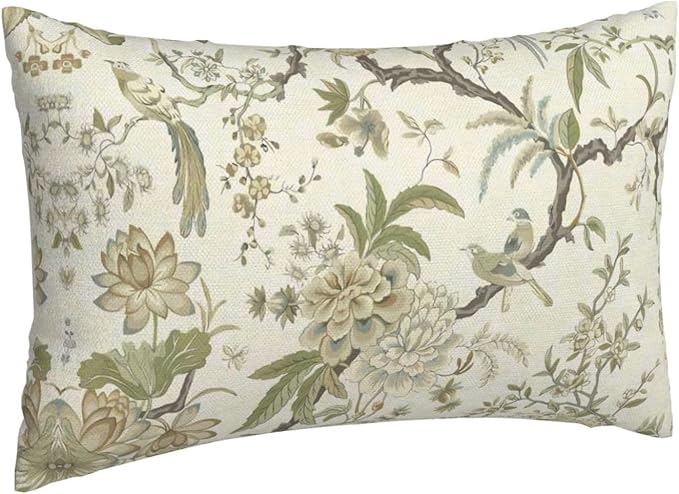 CXMEIFLY Spring Floral Birds Pillow Covers 12 x 20 Inch Set of 2 for Chinoiserie Flowers Decor Throw Pillows Sage Green Plant Outdoor Decorative Cushion Cases for Couch Bed Decorations