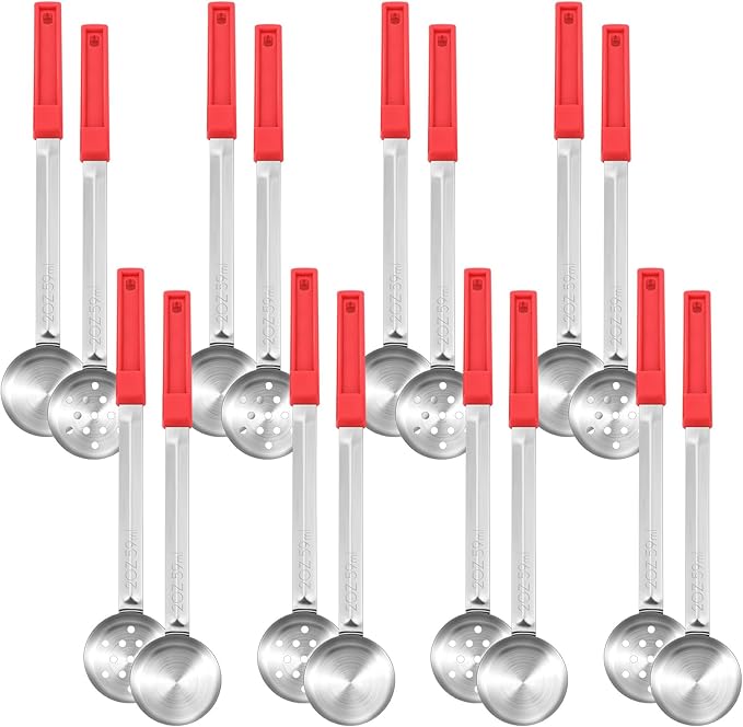16 Pcs Portion Control Serving Spoons, Restaurant Measuring Serving Ladle Utensils, Portion Control Slotted Scoops for Weight Loss, Solid and Perforated Scoops(Red,2 oz)