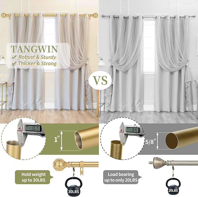 Gold Adjustable Curtain Rods for Windows:18-45 Inch Farmhouse Heavy Duty Curtain Rod for Bedroom Living Room,Boho Decorative Rustic Drapery Rods with Vintage Coastal Texture Finial,Brass Gold