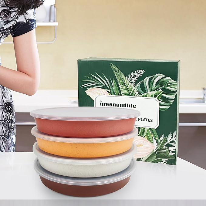 greenandlife 9 Inch 4PCS Portion Control Plates with Lids, Divided Plates for Kids Adults, Dishwasher Microwave Safe Compartment Plate Set, Unbreakable Lightweight Reusable Wheat Straw Plate, Sunset