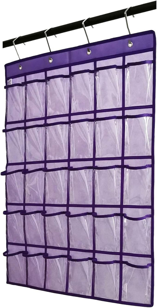 Classroom Pocket Chart for Phone Calculator Holder Over The Door Hanging Closet Jewelry Organizer with 30 Clear Pockets (Purple)