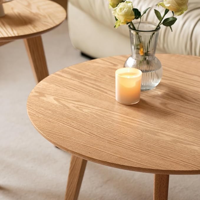 100% Solid Oak Wood Mini Coffee Table, Round Side Table w/Solid Wood Legs, Walnut Mid Century Coffee Table w/Sturdy Frame for Bedroom Balcony Living Room (29.53" D x 17.72" H)