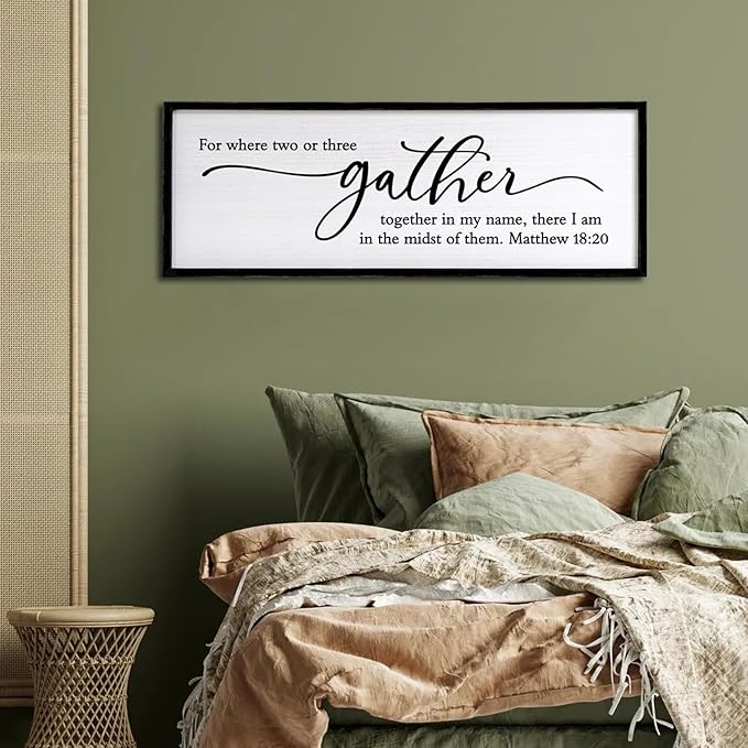 For Where Two Or Three Gather Sign Dining Room kitchen Wall Decor Bible Verse Scripture Matthew 18:20 Wooden Frame 32X12 Inch for Christian Family Hanging Art (Black)