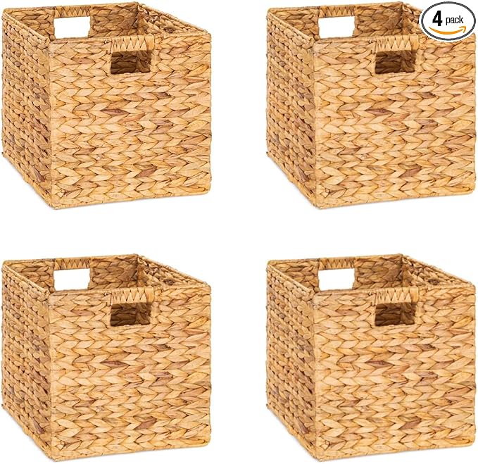 12x12x12 Storage Cube, Water Hyacinth Storage Baskets, Wicker Storage Baskets for Shelves, Woven Baskets for Storage, Square Wicker Storage Basket for Bedroom, Living Room (4 Packs 12x12in)