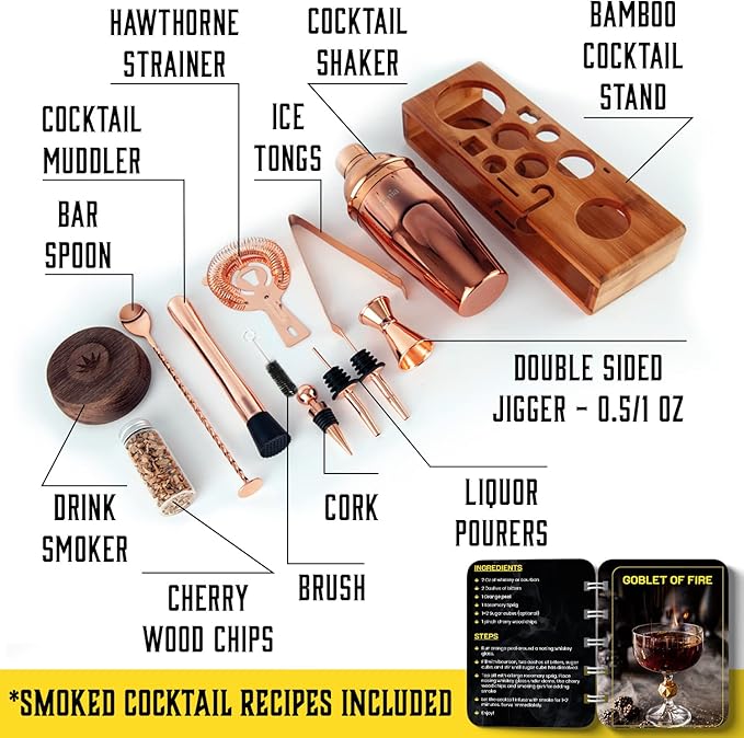 Bartender Kit with Whiskey Smoker - 13 pcs, Bamboo Stand - Bar Set with Cocktail Shaker, Bartending Kit with Essential Bar Accessory Tools, Wood Chips, Pink Gold