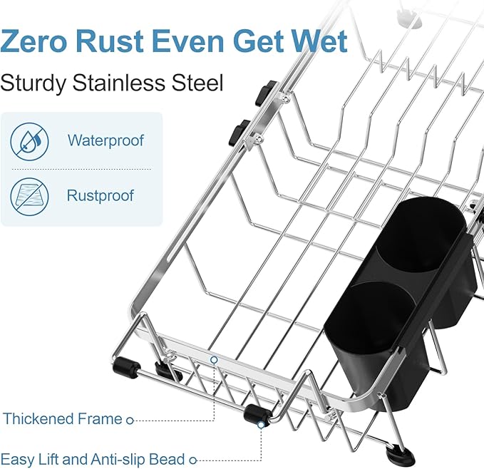 GSlife Expandable in Sink Small Dish Drying Rack - Stainless Steel Capacity Adjustable Over The Sink Dish Rack with Utensil Holder, 11.9“-16.7” L x 9" W x 5.7" H, Silver