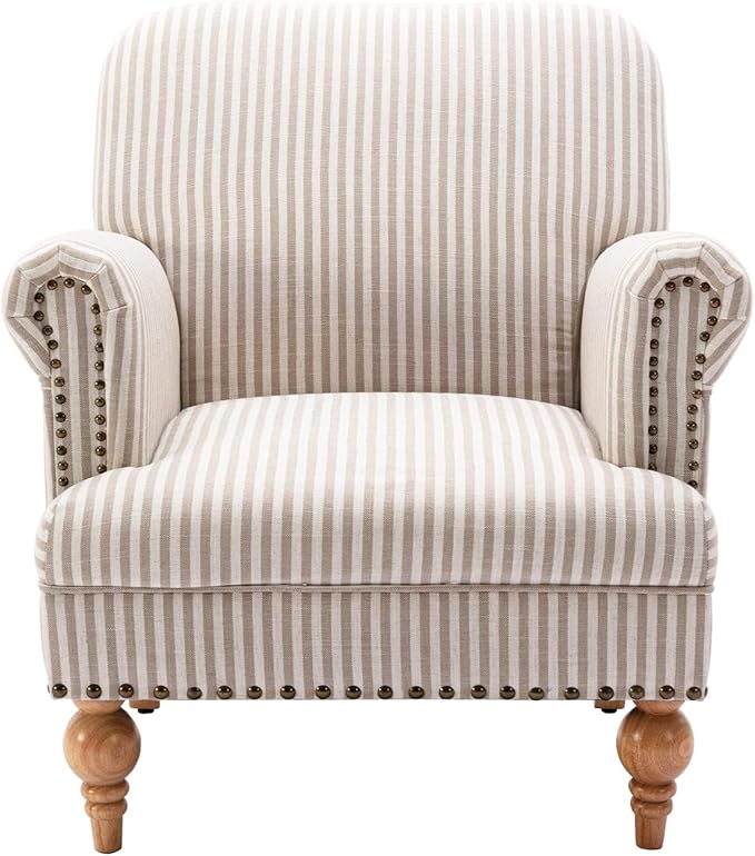chairus Linen Accent Chair for Living Room Upholstered Mid Century Modern Single Sofa Chair with Solid Wood Legs Comfy Reading Chair Armchair for Bedroom/Office Room/Recption/Lounge, Khaki Stripe