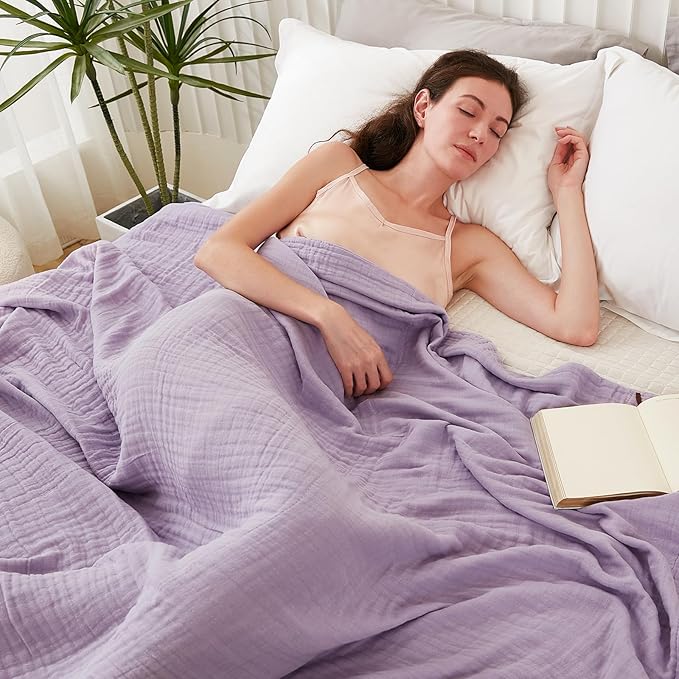 EMME Cotton Blanket Queen Size for Bed Soft Large Muslin Bed Blankets 80"x90" Lightweight Breathable All Season Gauze, Lavender