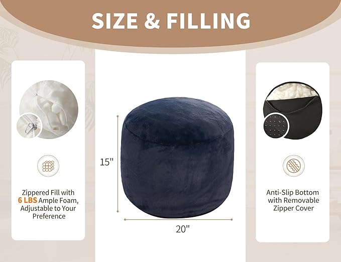 Boho Ottoman Living Room Furniture 20"x15" Round Ottomans Pouf Couch Foot Rest Navy Pouf Ottoman Foot Rest with Foam Chunk Filling Pouffe Ottomans Stuffed Foot Rests Poufs for Couch