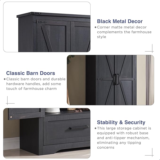 Farmhouse Kitchen Pantry Cabinet - 72" Tall Large Wood Kitchen Storage Cabinets with Adjustable Shelves & 2 Barn Doors & Drawer, Versatile Storage for Dining Room, Bathroom, Living Room, Antique Black