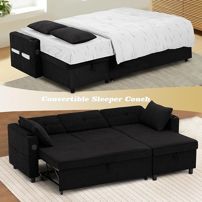 84 Inches Fabric Sectional Sofa w/Pull Out Sofa Bed & Adjustable Back, Tufted L Shaped Couch w/Storage Chaise, Sleeper Sectional Sofa w/USB Port & Cup Holders for Living Room, Black