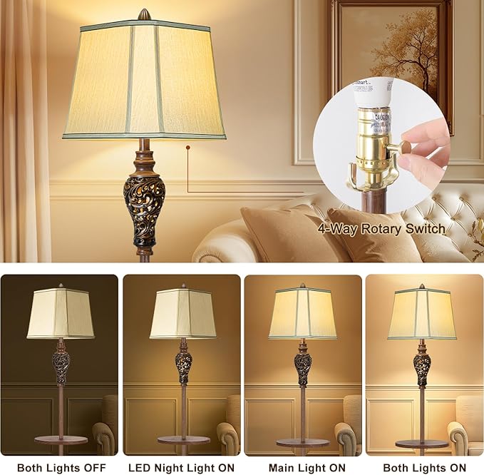 65" High Vintage Floor Lamp with Night Light and Glass Tray, Farmhouse Standing Lamp with Beige Faux Silk Shade, Retro Rustic Tall Lamp Decor for Living Room, Bedroom, Bedside, Corner (Bulb Included)