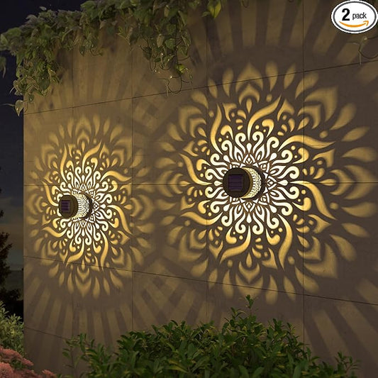 2 Pack Solar Fence Lights Metal Solar Powered Outdoor Deck Step Wall Lights Mandala Theme Waterproof Fence Light for Garden Post Patio Backyard Yard Decor (2 Pack)