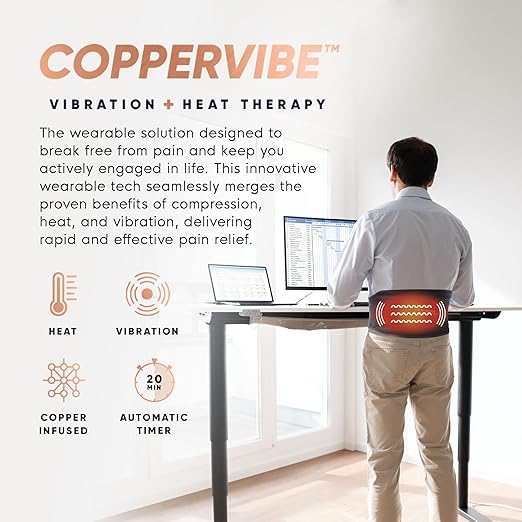 Copper Compression CopperVibe Vibration + Heat Therapy Back Wrap Vibrating Heating Massager Pad for Lower Back Pain Relief, Lumbar Muscles, Herniated Disc - Treatment Brace Device for Women & Men