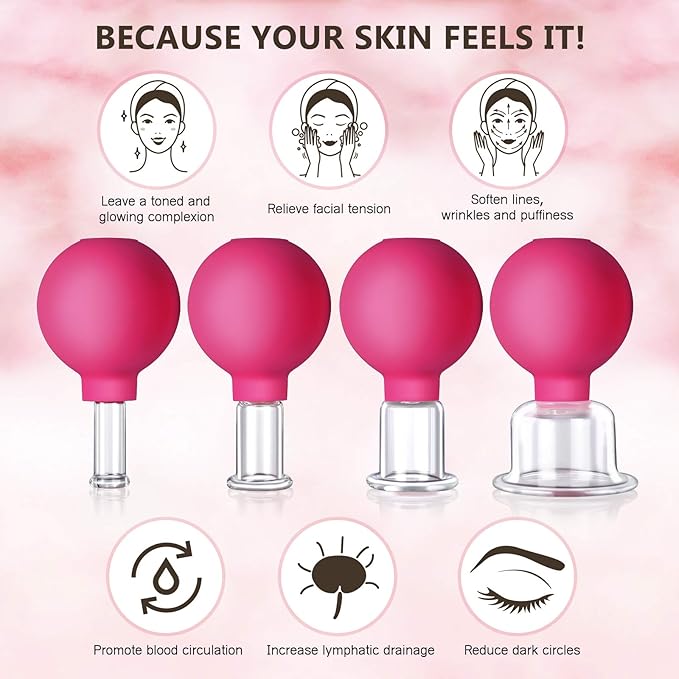 4 Size Facial Cupping Therapy Set Glass, Eye Face Vacuum Massage Anti Cellulite Cup - Silicone, for Beauty Body Cup Lymphatic Fascia Massager (Gift Box Packaging-red)