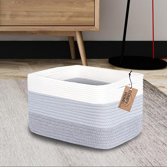 COMFY-HOMI 3PACK Cotton Rope Woven Basket With Handles for Shelves, Toy, Book, Cloth Storage Basket for Organizing|13.5" x 11" x 9.5" Decorative Nursery Cube Bin for Living Room（White / 3-Tone Grey）