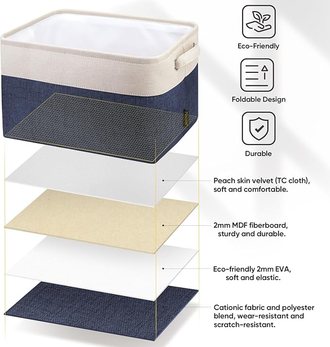BALEINE 1 Pack Fabric Storage Bins for Shelves, Linen Storage Baskets for Organizing, Decorative Closet Bins for Clothes, Home (Navy Blue, 15''x11''x9.5'')