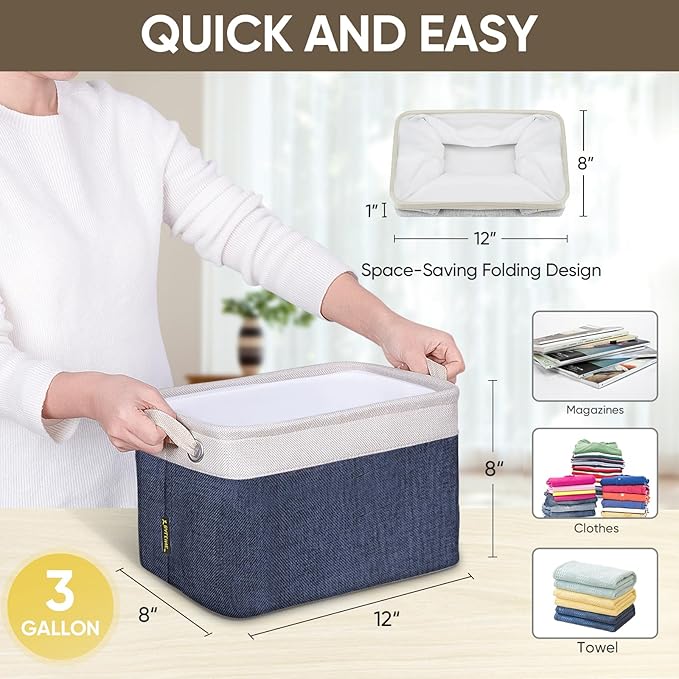 BALEINE 2 Pack Fabric Storage Bins for Shelves, Linen Storage Baskets for Organizing, Decorative Closet Bins for Clothes, Home (Navy Blue, 12"x8"x8")