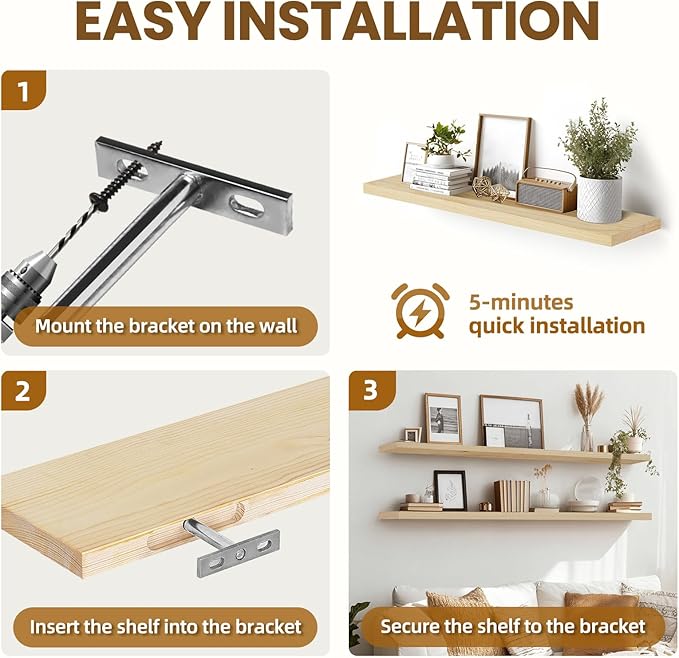 Floating Wall Shelves 2-Pack - 36-Inch Rustic Wooden Shelves for Storage and Décor, Easy Installation for Living Room, Bedroom, and Kitchen