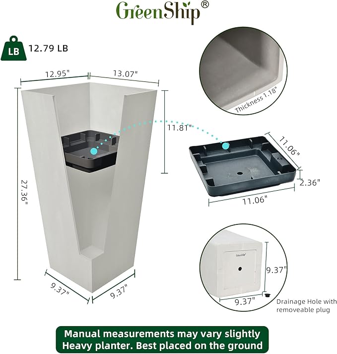 GreenShip 27" Tall Planters, Set of 2 – Black Outdoor Planter for Front Porch & Tall Plants, Weather-Resistant, with Drainage Hole & Rubber Plug (No Plants Included) (White-2pcs)