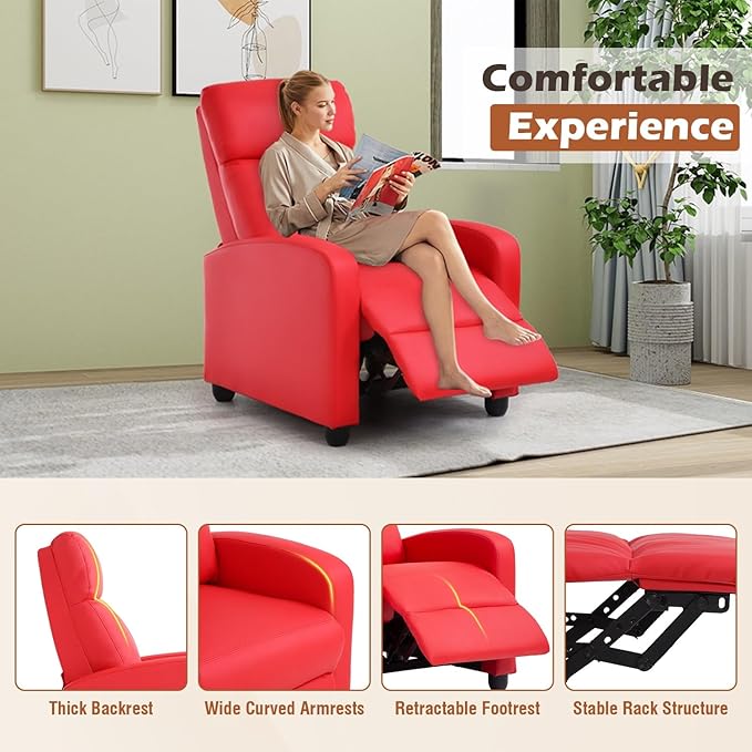 BestMassage | Recliner Chair | No Massage Function | Pu Red | with Lumbar Support, Adjustable Push Back, Wide Armrests, Footrest & Padded Seat | Easy Assembly | for Living Room, Home Theatre