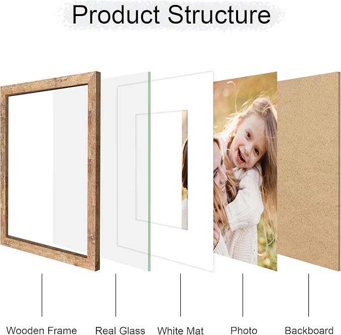 11x14 Picture Frame Set of 4, 11 x 14 Wood Photo Frames with Mat for 8x10, Natural Wooden Frame with Real Glass Cover for Wall and Tabletop Display,Brown