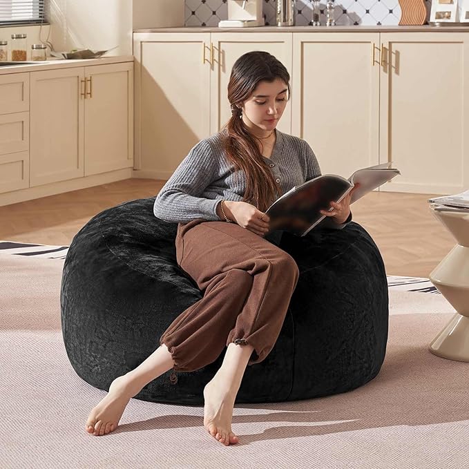 Bean Bag Chair 3Ft, Memory Foam Filled, Large Beanbag Chairs for Adults and Teens, Soft Sofa with Removable Flannel Cover, Round Couch for Living Room Bedroom College Dorm (Black, 3FT-36×36"×24")