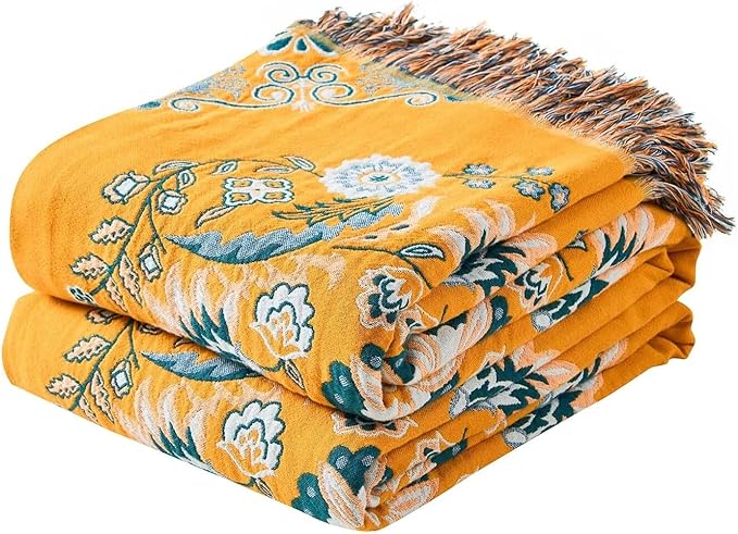 Boho Throw Blanket, 100% Cotton Ultra Soft Luxury Throw Rustic Quilt, Floral Printed Farmhouse Decor Bed Summer Blankets, All Season Rustic Reversible Bohemian Throw for Bed (80"x90" Yellow