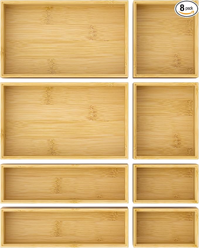 Bathroom Drawer Organizer Trays, Bamboo Silverware Drawer Organizer Kitchen Utensils, 8 PCS Wood Box Stackable Bins for Makeup, Office Desk, Vanity, Junk Drawer