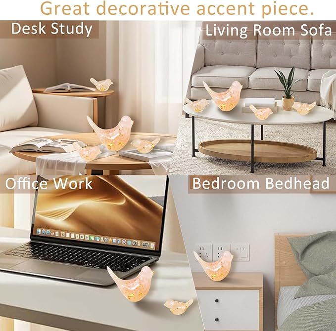 Crystal Bird Figurines, Resin Animal Statues, Miniature Decorative Gravel Birds, Home Decor (4PCS-RoseQuartz)