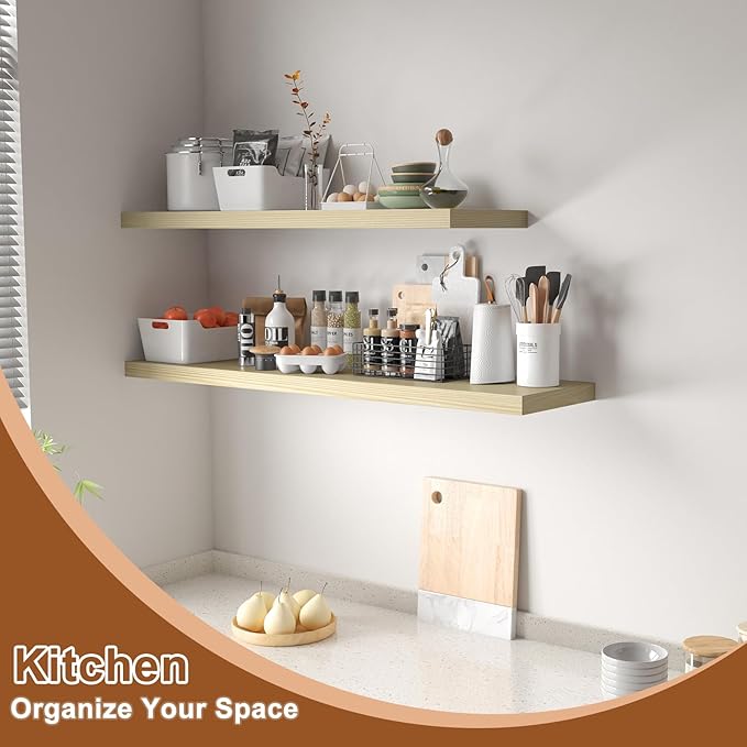 48 Inch Floating Shelf 3 Pack Large Floating Shelves for Wall No Drilling Accessories Included Deep Wall Shelves for Living Room Kitchen Farmhouse 48" W x 12" D x 1.2" Oak