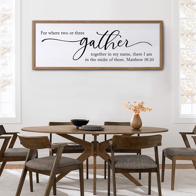 For Where Two Or Three Gather Sign Dining Room kitchen Wall Decor Bible Verse Scripture Matthew 18:20 Wooden Frame 32X12 Inch for Christian Family Hanging Art (Wood)