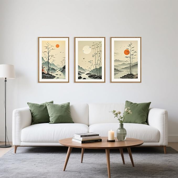 Celestdeco Chinoiserie Bamboo Forest Framed Canvas Wall Art Set, Nature Tree Lakes Wall Decor, Minimalist Zen Landscape Wall Painting, Watercolor Art Prints for Living Room, Bedroom, Office 24"X36"X3