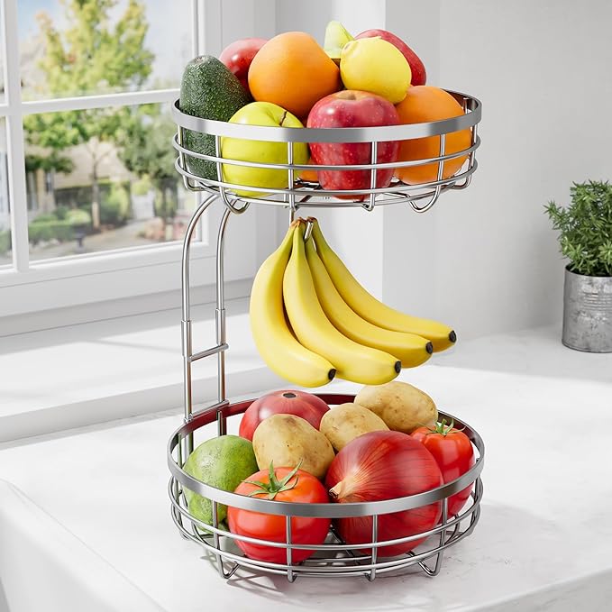 Fruit Basket for Kitchen Counter - 2-Tier Large Capacity Fruit Bowl with Detachable Banana Hanger, Rust-Proof Metal Fruit Holder for Vegetables, Bread, Toiletry,10" D x 10" W x 14" H, Silver.