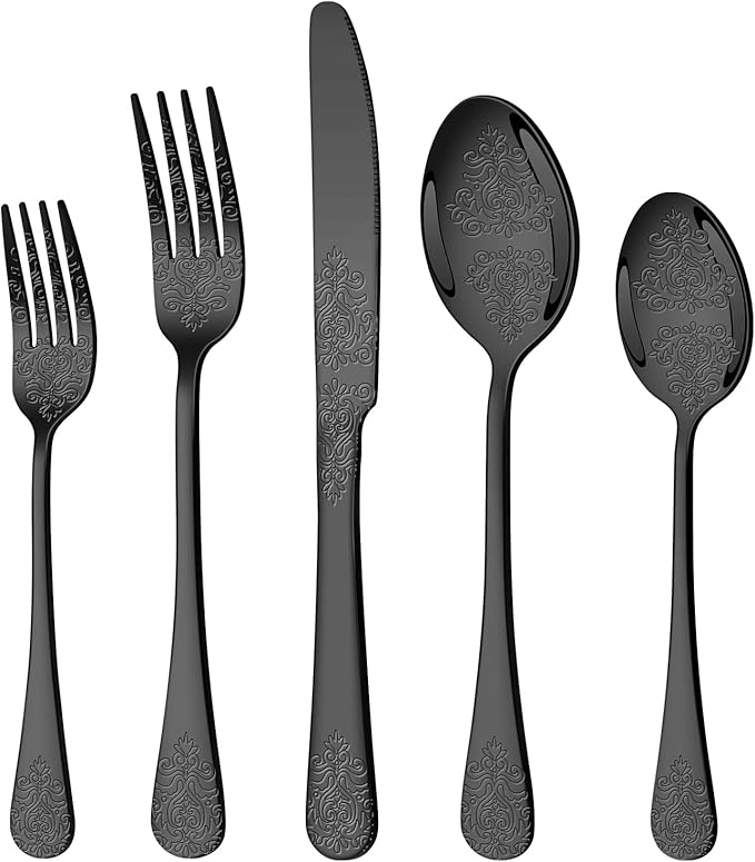 40 Pcs Black Silverware Set for 8 with Classical Flower Embossed Design, Food Grade Stainless Steel Flatware Set, Eating Utensils Sets Include Fork/Knife/Spoon, Cutlery Set, Dishwasher Safe