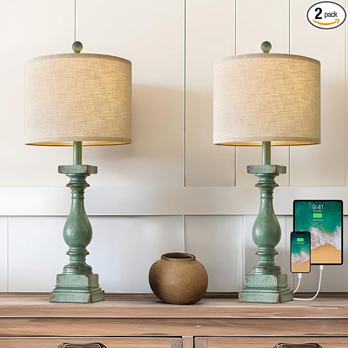 BOBOMOMO 27" Farmhouse Table Lamp Set of 2 with USB A+C for Bedroom Living Room Vintage Rustic Traditional Nightstand Bedside Lamps Retro Side Table Lamps (Green)