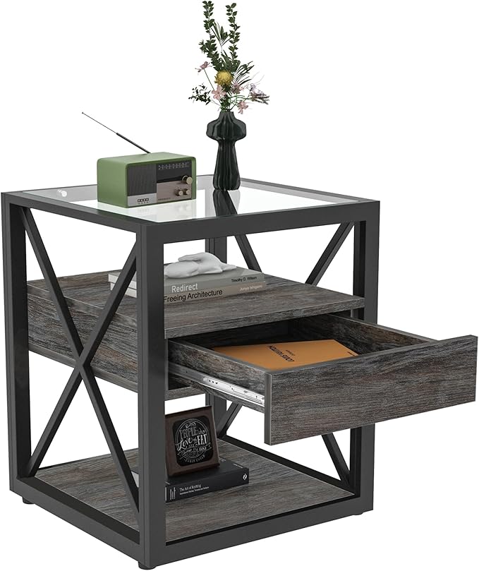 Farmhouse End Table, Modern Side Table with Drawer&3-Tier Storage Shelf, Square Rustic Nightstand, Accent Tea Table, for Bedroom Office Living Room, Grey, Natural Wood, Glass, Metal