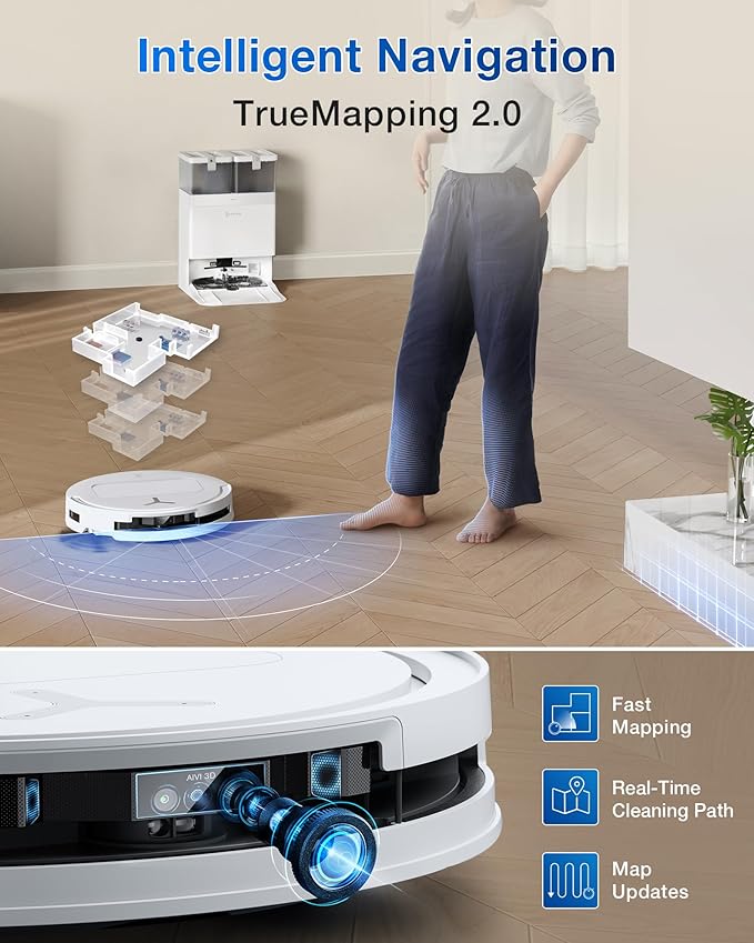 ECOVACS DEEBOT T50 PRO Omni Robot Vacuum and Mop, 3.19” Ultra-Slim, 15,000Pa Suction, ZeroTangle 2.0, TruEdge Edge Cleaning, AIVI 3D Obstacle Avoidance, Auto Mop Wash & Dry, Self-Emptying,White