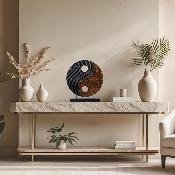 Decozen Handcrafted Solid Wood Yin Yang Sculpture Ideal for Home, Mantel, Fireplace, and Foyer Decor - Valentines Day Gifts