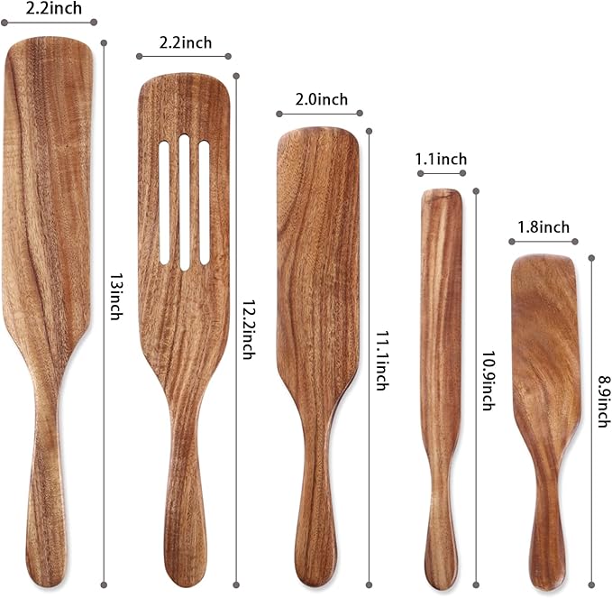 5 Pcs Wooden Spurtle Set, Natural Teak Kitchen Utensil Set Heat Resistant Non-Stick Wooden Spoons Tools for Cooking, Stirring, Mixing, Serving, Spurtles Kitchen Tools As Seen On TV