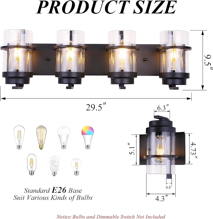 Bathroom Vanity Light Fixtures,4 Lights Matte Black Vanity Lights, Industrial Black Wall Sconces 4 Lights,Farmhouse Bathroom Lights(Bulbs not Included)