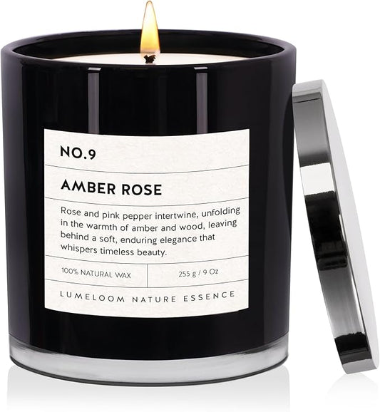Amber & Rose Luxury Scented Candles, 9oz Soy Wax Candles for Home Scented, Rose, Wood, Amber Scent, Long Burning Time, Gifts for Women, Friends, Men, Sister, Mom, Teacher