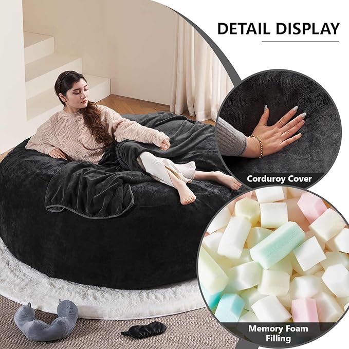 6FT,Oversized Bean Bag Chairs for Adults,Giant beanbag with Filler Included，Fluffy Memory Foam,Soft and Comfy Corduroy Fabric,Gaming Chairs Suitable for Living Room and Bedroom (Black, 6 Foot)