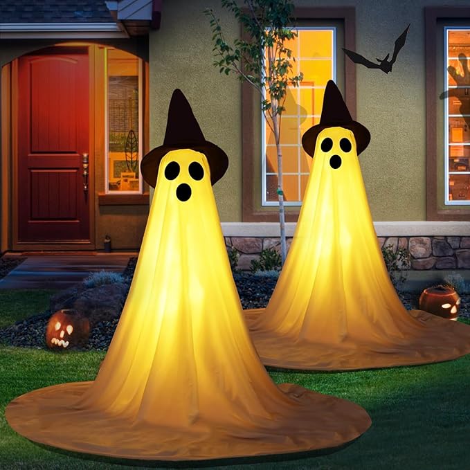 2 Packs Halloween Ghost Outdoor Decorations, 59” Light Up Ghost Decor with Remote Control, Adjustable Height Standing Halloween Lighted Ghost Kit with Witch Hat Ideal for Porch, Garden, Yard