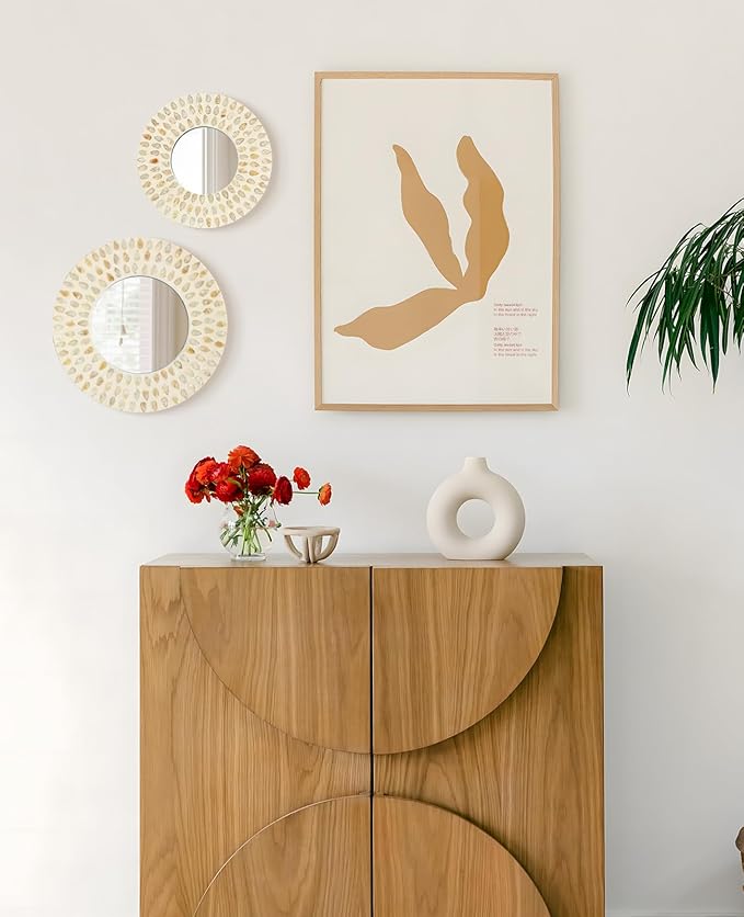 Boho Mirror Wall Decor for Living Room, 3PCS Natural Mother of Pearl Decorative Mirror for Farmhouse Rustic Home, Hanging Sculptures for Women Bedroom Hallway Porch Decoration (Light Brown)