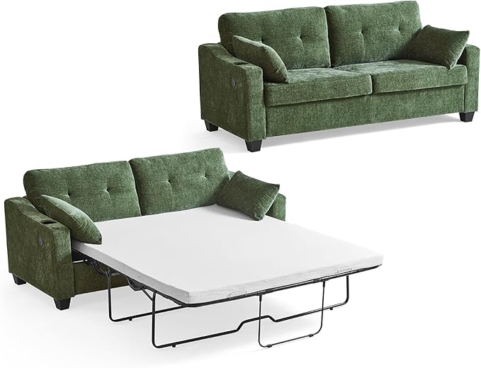 CHIC HOUSE Pull Out Sofa Bed, Full Size Sleeper Sofa, 2-in-1 Convertible Corduroy Couch with USB Charging, Memory Form Couch for Living Room, Apartment and Small Space (Green, Chenille - Queen Size)